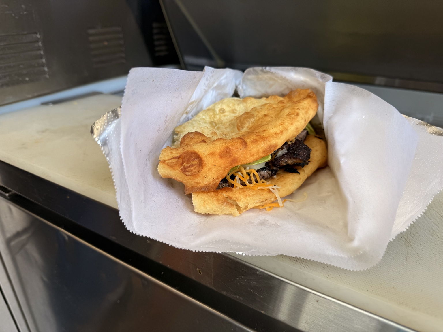 Navajo burger served on fry bread