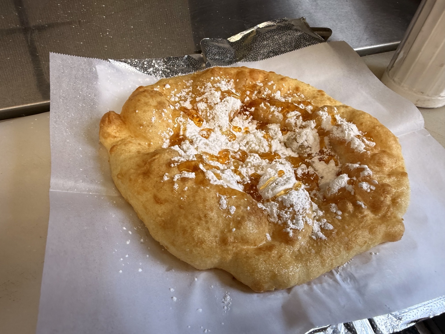 Fry bread with powdered sugar and honey